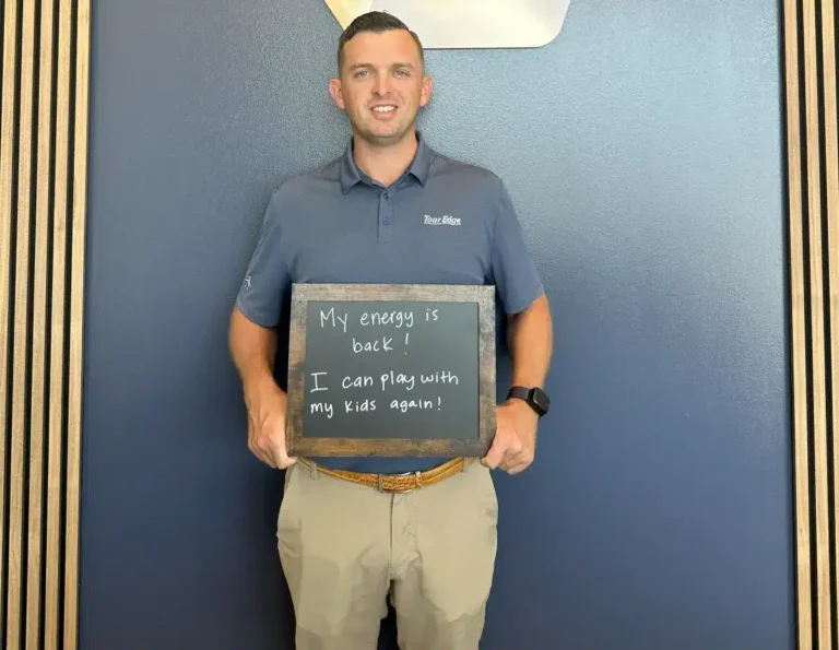 Limitless Chiropractic male patient sharing his success: “My energy is back! I can play with my kids again!”—testifying to increased energy and restored quality of life through chiropractic care near Alliance Town Center.